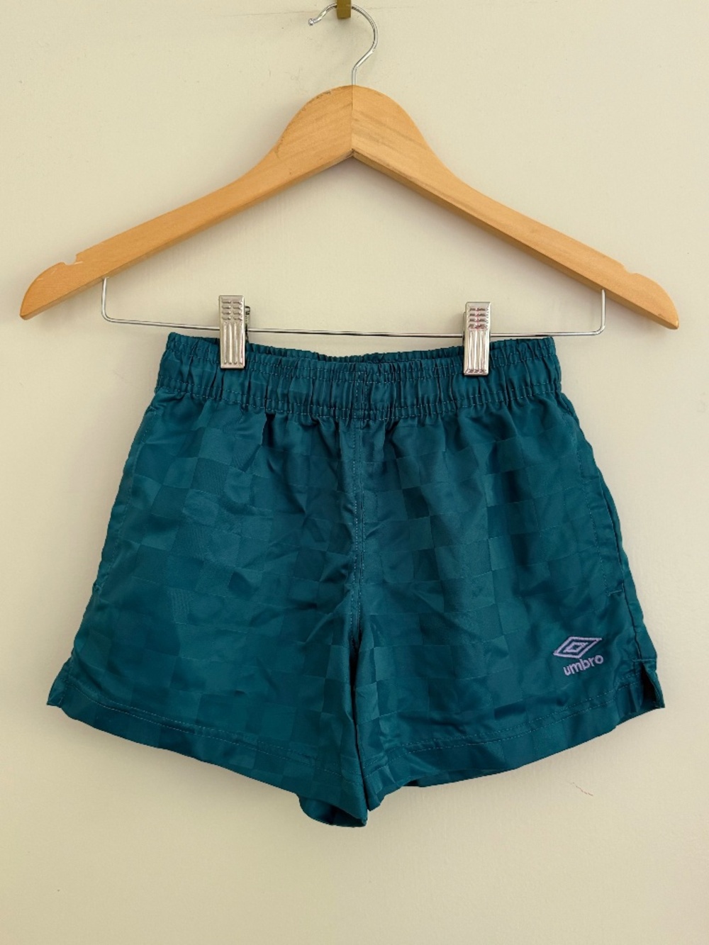 Retro Umbro Kid's Green Teal Checker Athletic Shorts with Purple Logo Size Small
